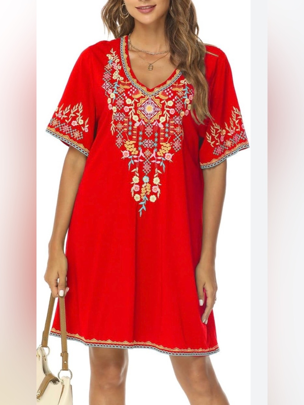 Women’s Boho Embroidered Peasant Mexican Tunic Dress Plus Size 2XL Red Floral